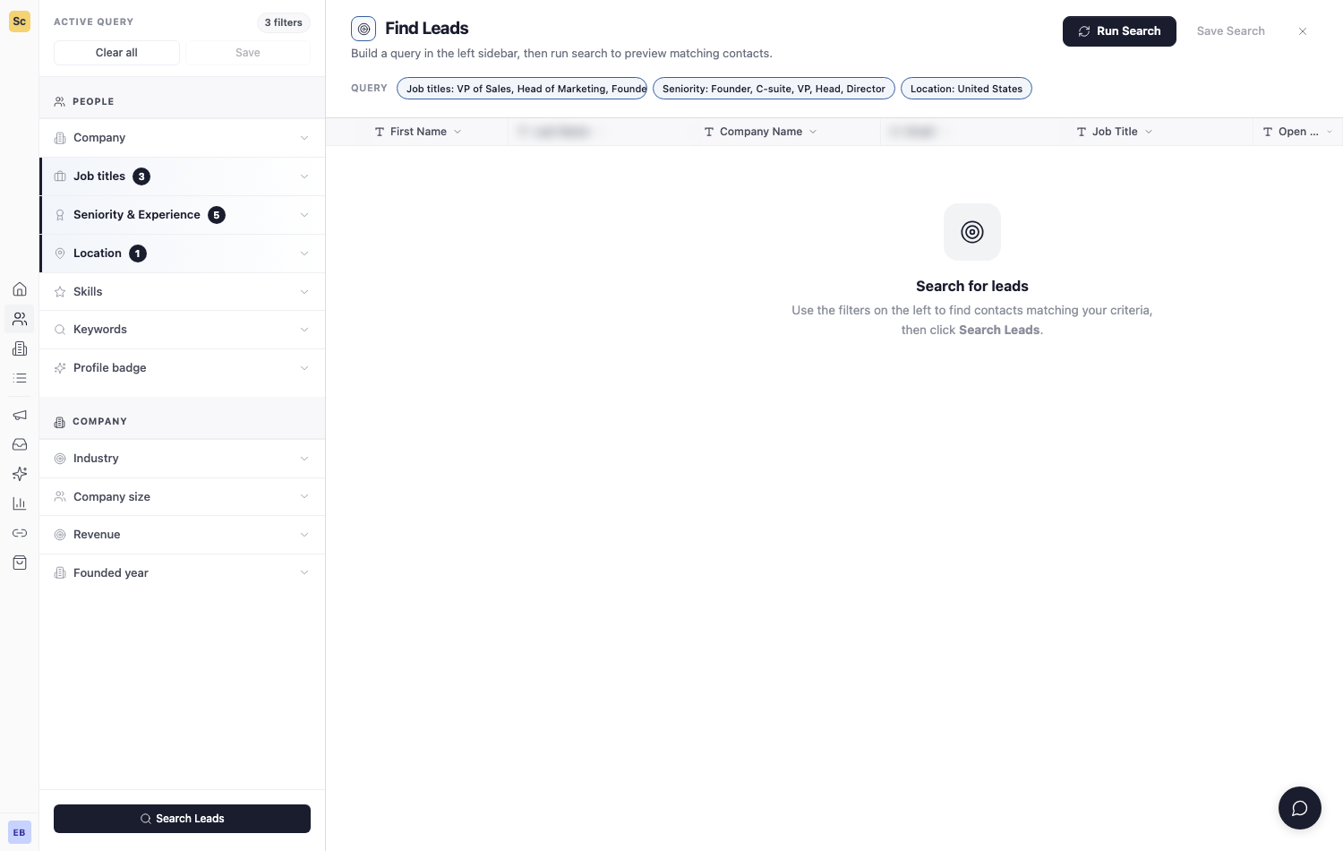 Scrupp Leads Finder with a decision-maker query: target job titles, seniority levels and location