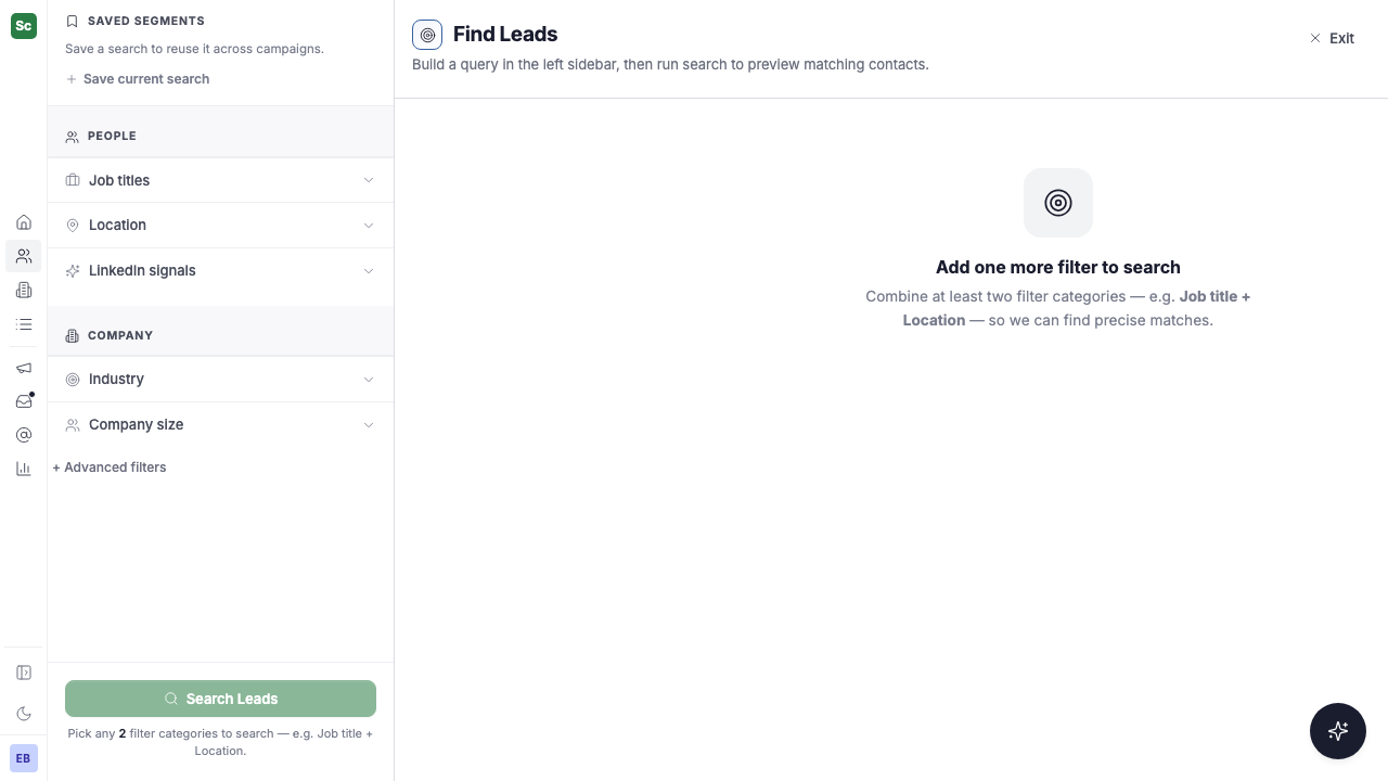 The Scrupp Leads Finder filter panel: Job titles, Location, LinkedIn signals, Industry and Company size