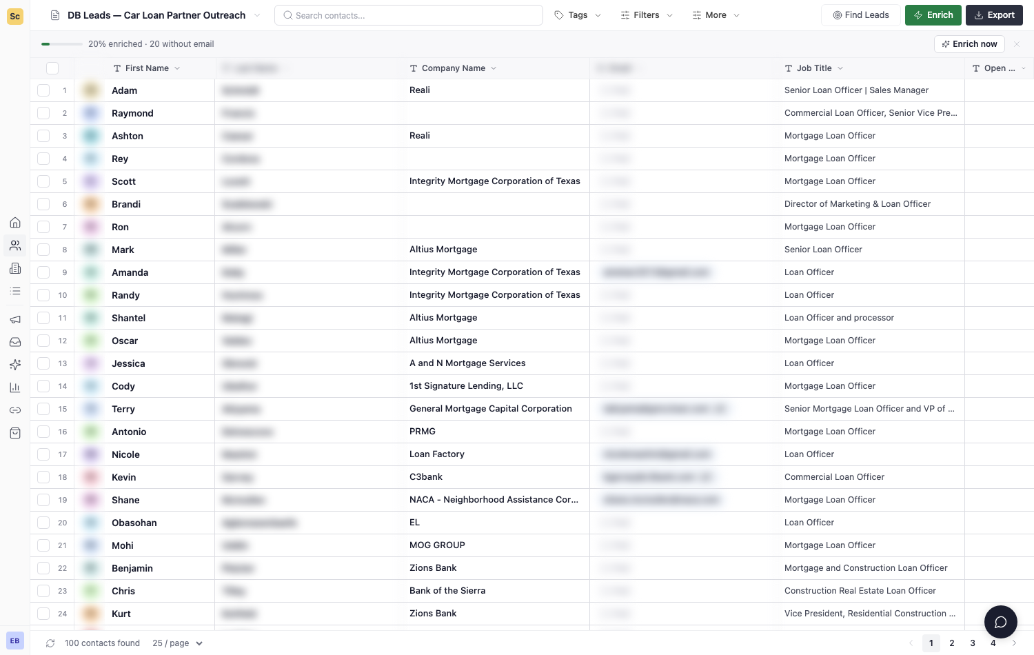 A Scrupp contact list with company, person, role and a found work email for every decision-maker