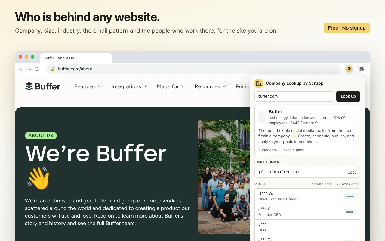 Company Lookup popup showing a company's size, industry, email format and the people Scrupp knows there