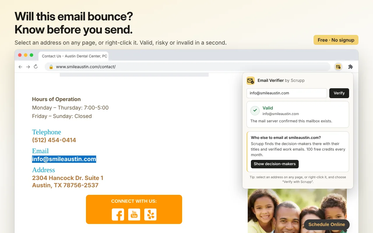 Email Verifier popup showing the verdict for an email address