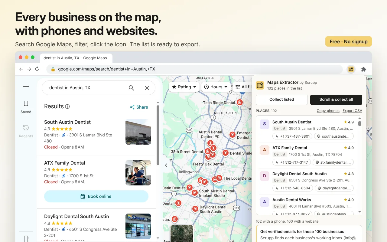 Google Maps Extractor popup over a Google Maps search for dentists, listing each place with phone and website