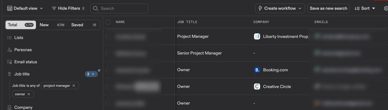 Apollo People list with the Scrupp Export button — job titles, companies and an emails column