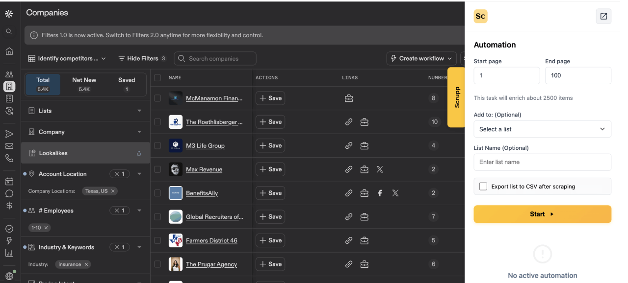 Scrupp exporting a Sales Navigator company list — contacts with names, companies and links, ready for CSV export