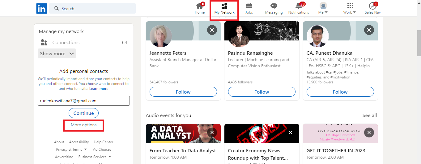 Adding personal contacts on LinkedIn