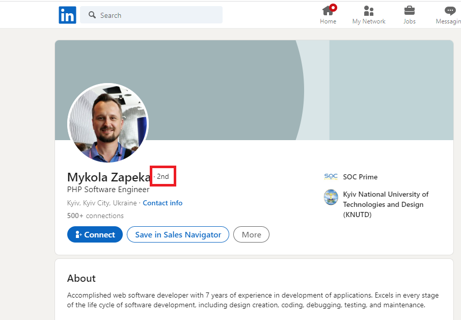 Example of 2st connection profile on LinkedIn