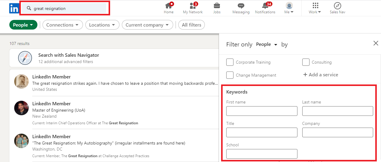 LinkedIn Basic Search keywords