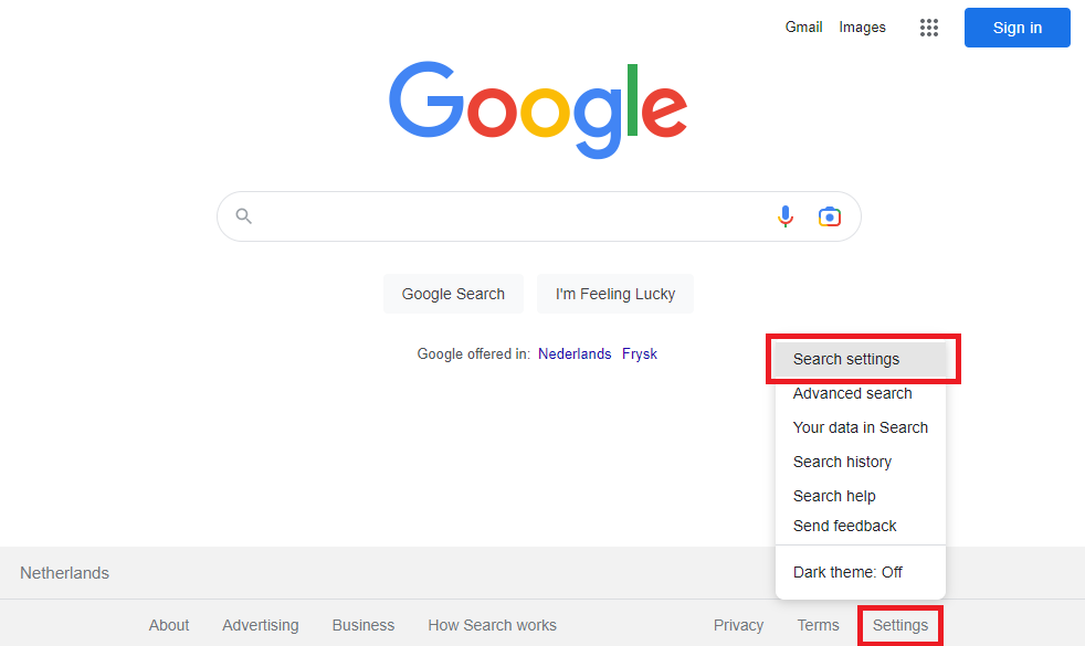 Search settings on Google