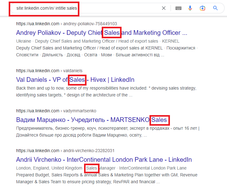 Search results in Google according to the LinkedIn profiles