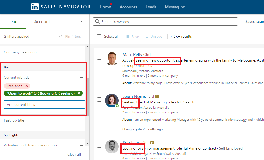 Current job title on the LinkedIn Sales Navigator