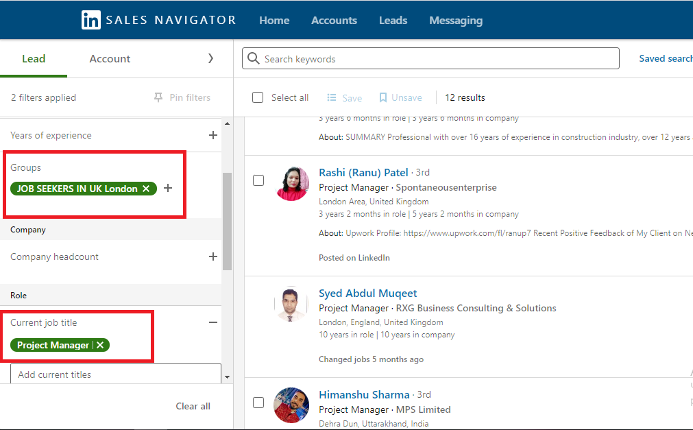 Group filter and Current job title on Sales Navigator