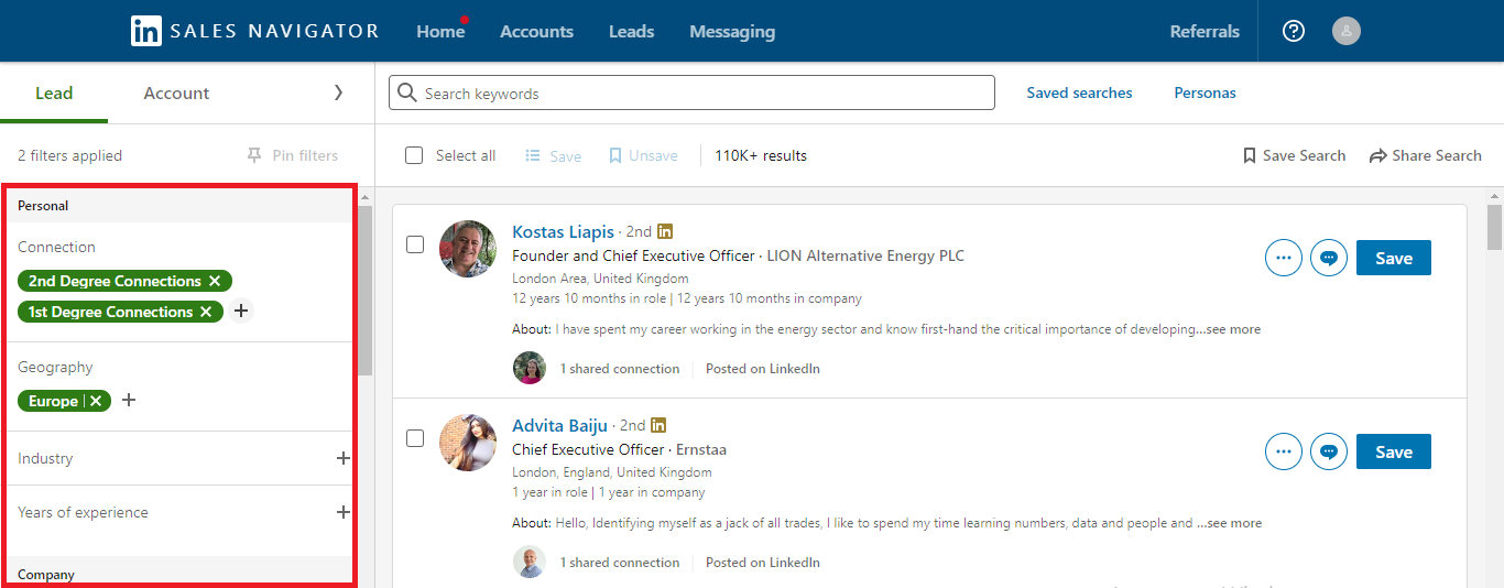 Using LinkedIn Sales Navigator filters